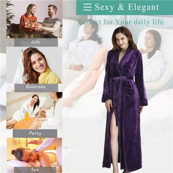 Women Long Fleece Robe Flannel Bathrobes for Winter Thicker Coat with Pockets - Picture 6 of 6